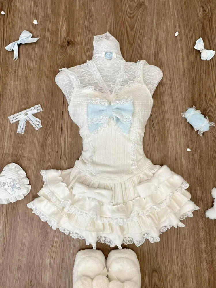 Herfst Japanse Zoete 3-delige sets Y2k Kawaii Vintage Boog kant Vrouwen Casual Y2k Caridgan Jassen + Sexy sling + Mini Rokken pak