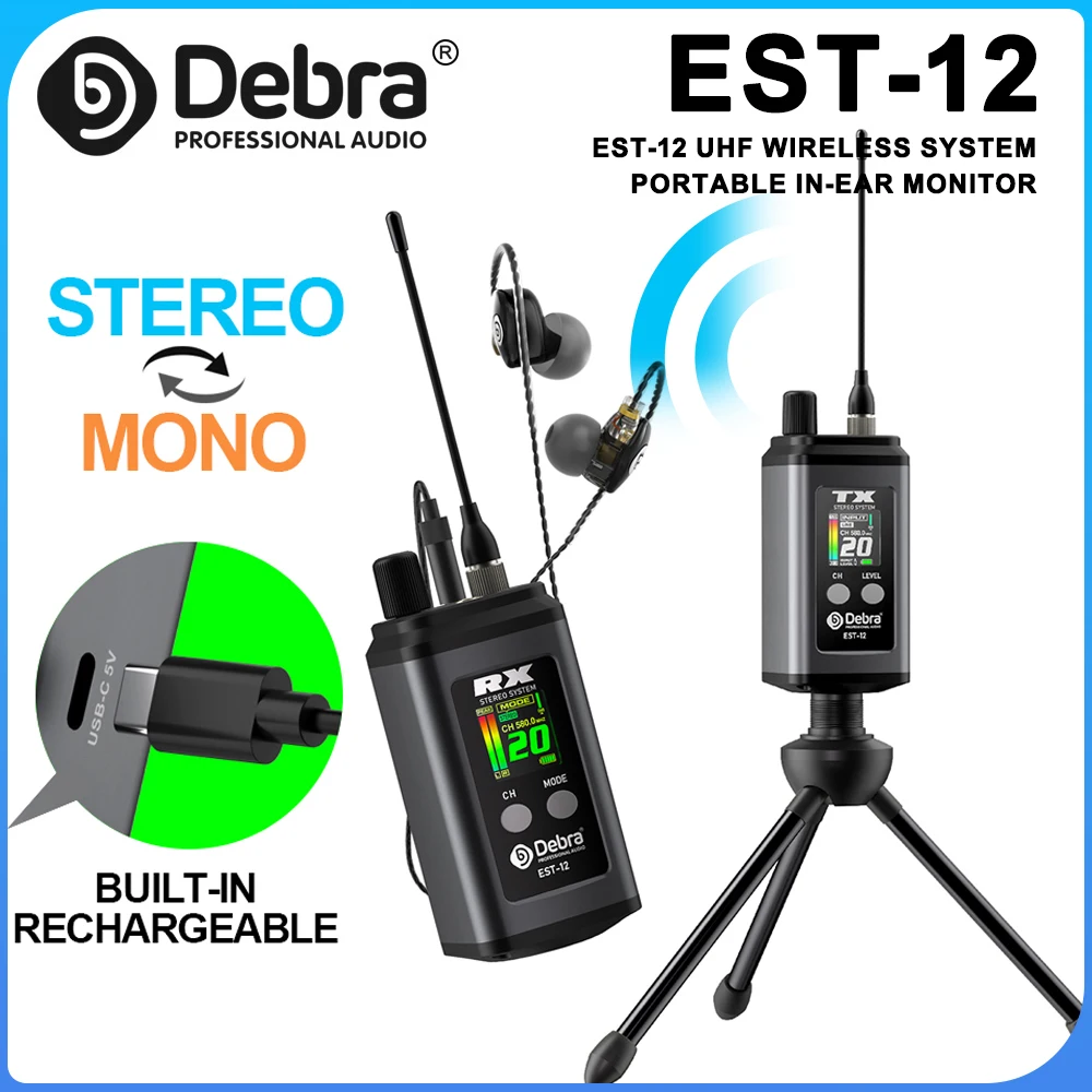 Sistema de Monitoreo Inalámbrico In-Ear UHF Debra EST-12, Conmutación de 20 Canales, Banda de Frecuencia de 560–590 MHz, para Uso en Escenarios y Bandas