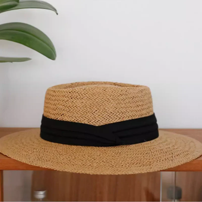 Luna & Dolphin – chapeau de paille pour femmes, Style français, pour la plage, le soleil, plat, Khkai, vacances, Panama, tissé, petit haut, ruban