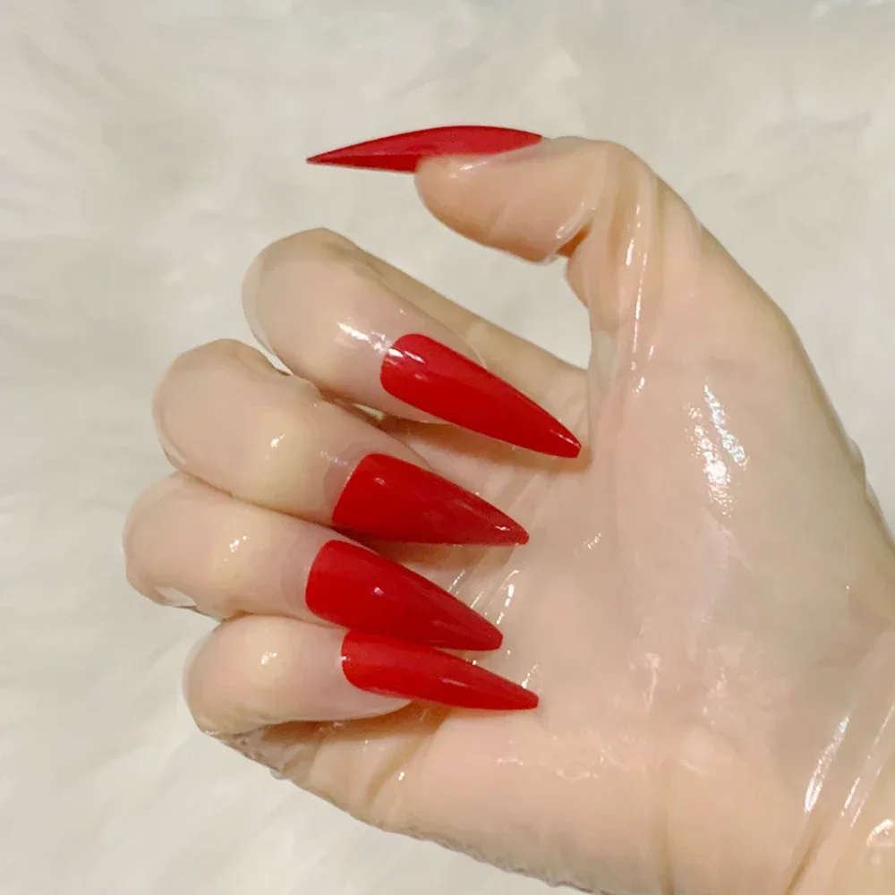 Custom Made Kigurumi Red Ultra-thin Transparent Latex Anime Cosplay Gloves With Solid Nail Patches False Nails Gloves Lolita