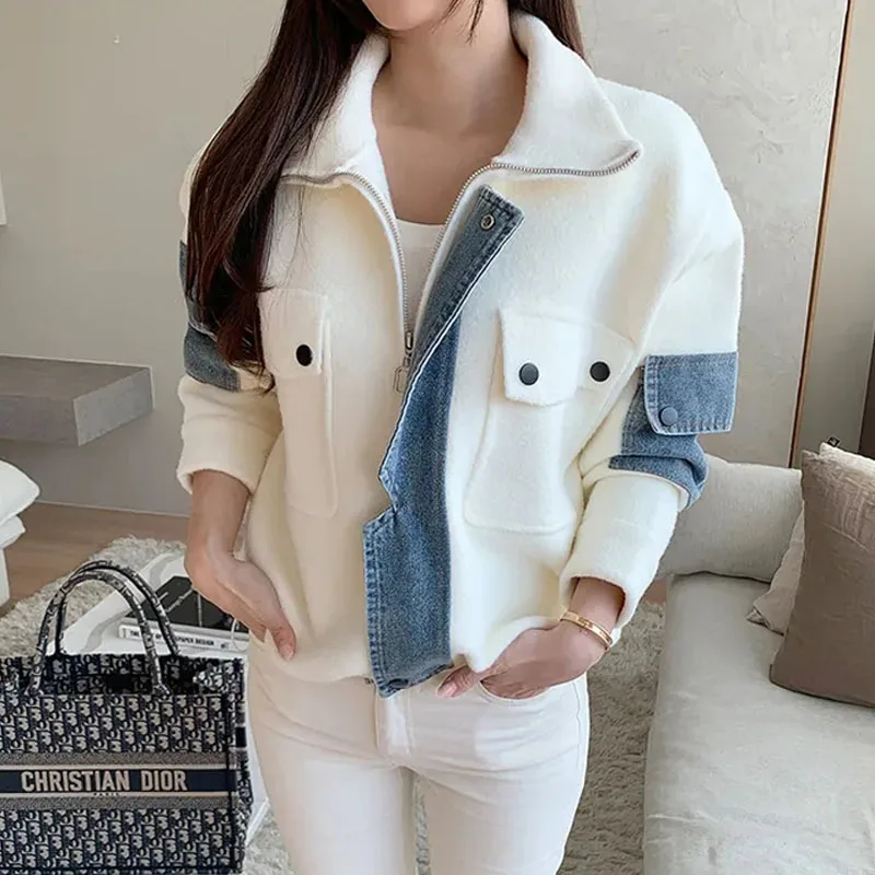 

Women's Sweater Jacket Loose Thickened Half High Collar Double-sided Nylon Jeans Patchwork Zipper Top Autumn Winter Korean Style