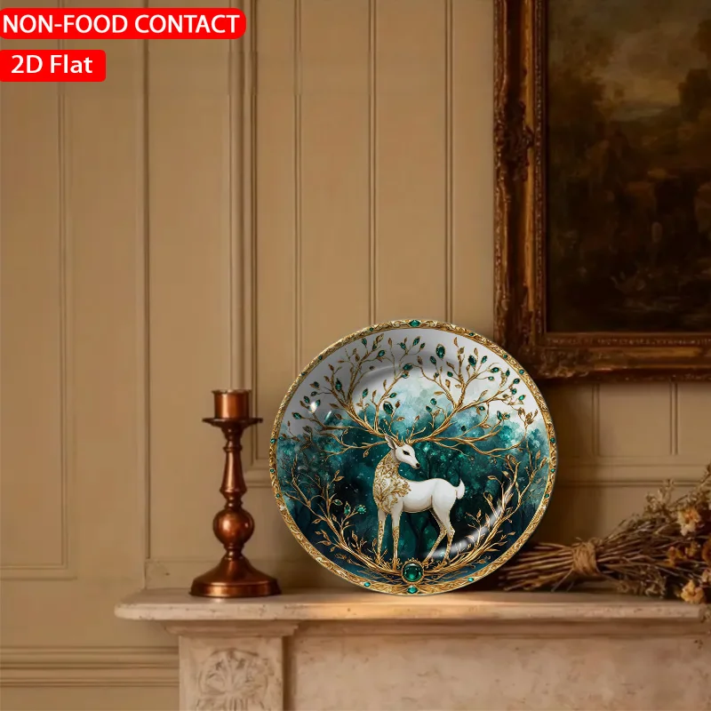 1pc Elegant Golden Deer Ceramic Plate - Teal Suitable for Home Desk Decor, Non-Food Contact Tableware Holder, Ornamental Plate