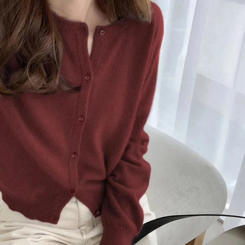 Wool Purple Knitted Cardigan Women\'s 2024 Autumn and Winter New Soft Waxy Round Neck Sweater Cashmere Sweater Jacket