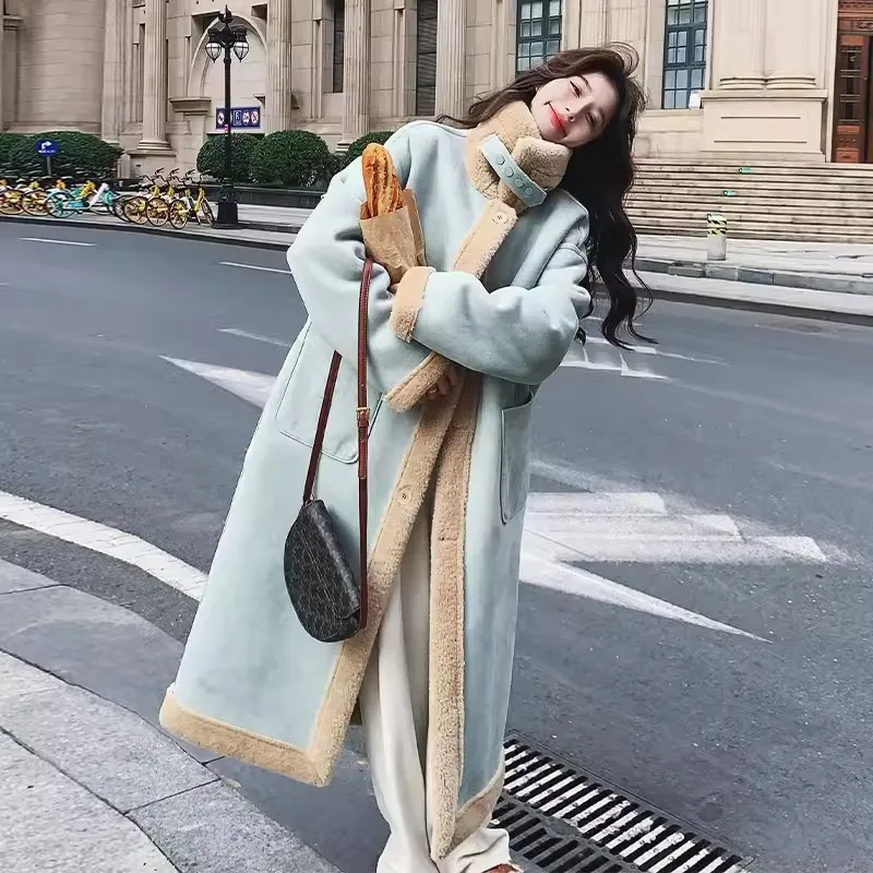 

Blue High-end Dual sided Lamb wool Coat For women's Winter wear 2024 New Fashion Thicken Cotton Jacket Female Warm Long Overcoat