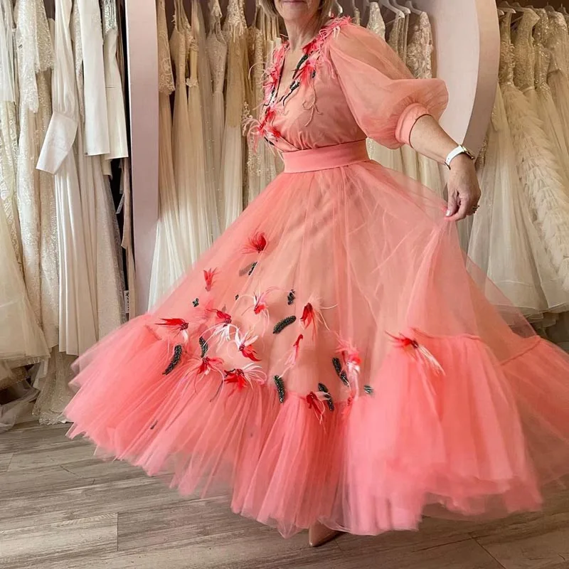 

Blush Pink A-line Draped Beaded Tulle Dress Women Custom Made Sexy V Neck Latern Sleeves Ankle Length Tulle Dresses With Feather
