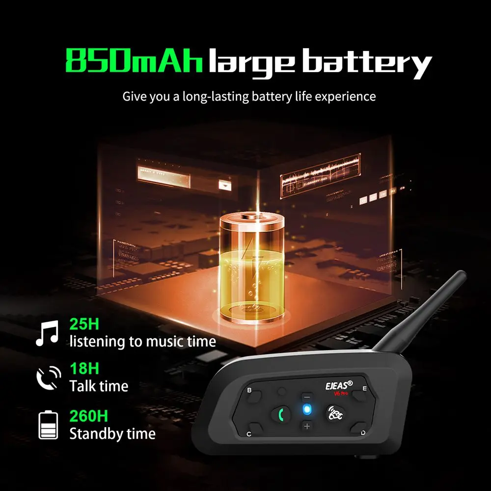 EJEAS V6 PRO + intercomunicador para motocicleta, auriculares con Bluetooth para casco, intercomunicador de 800m, resistente al agua, reproductor de música con cancelación de ruido