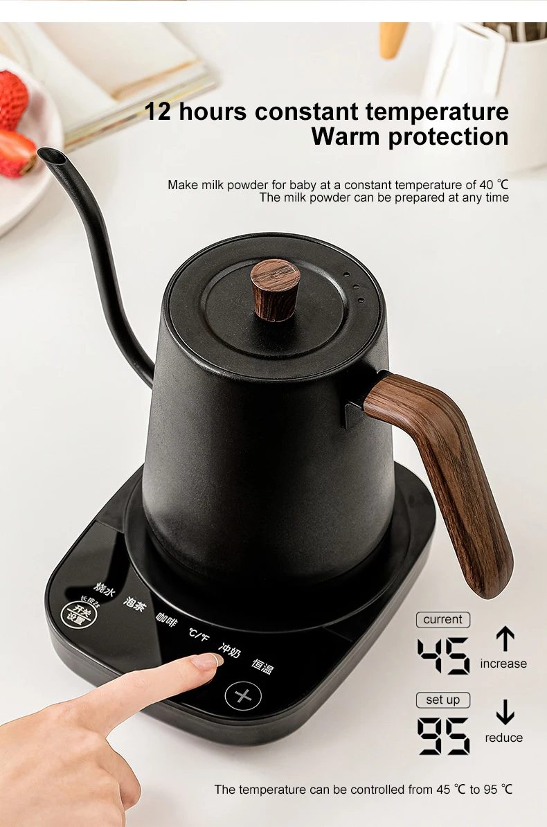1000W Gooseneck Electric Kettle 800ml Hand Brew Coffee Pot Smart Teapot Temperature Control Pot Rapid Heating Kettle