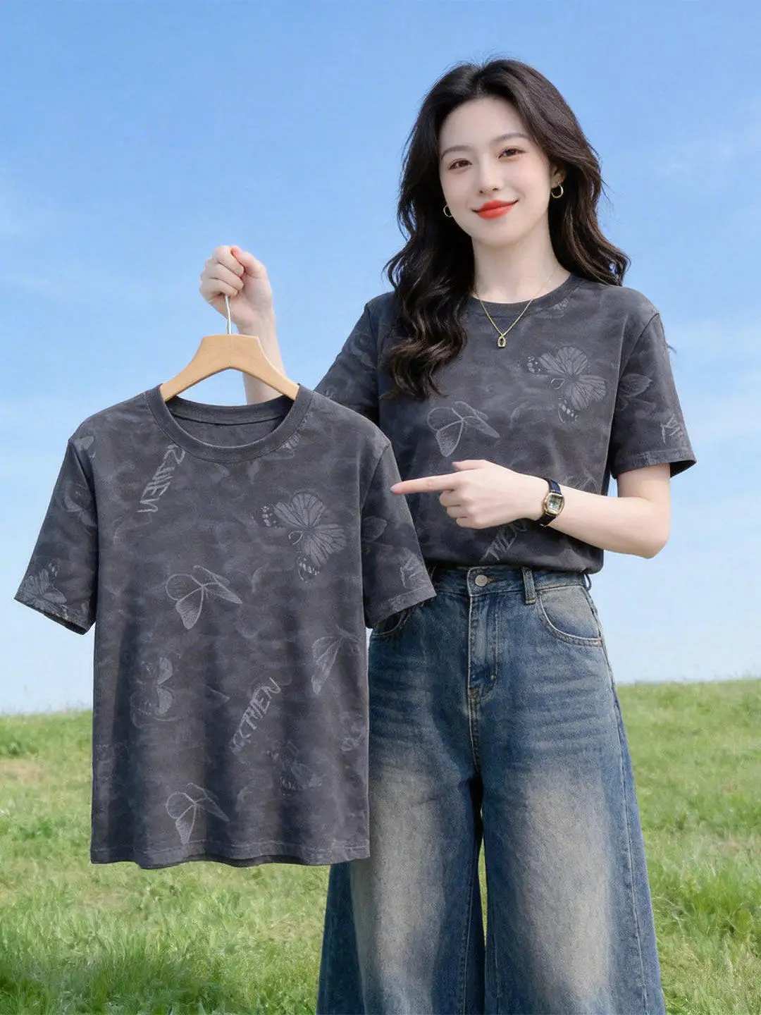 

Женская футболка свободного кроя с круглым вырезом и коротким рукавом, повседневный летний топ с принтом, из полиэфирного волокна, для стройнящего эффекта