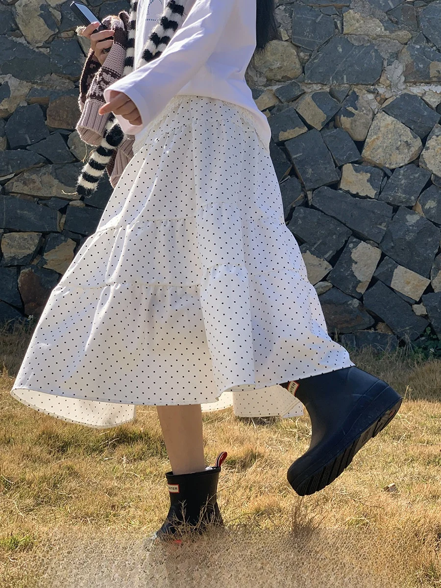 

Новая винтажная женская юбка-миди А-силуэта с завышенной талией, в горошек, с пэчворком, эффектная, весна 2026, в стиле Lazy Chic