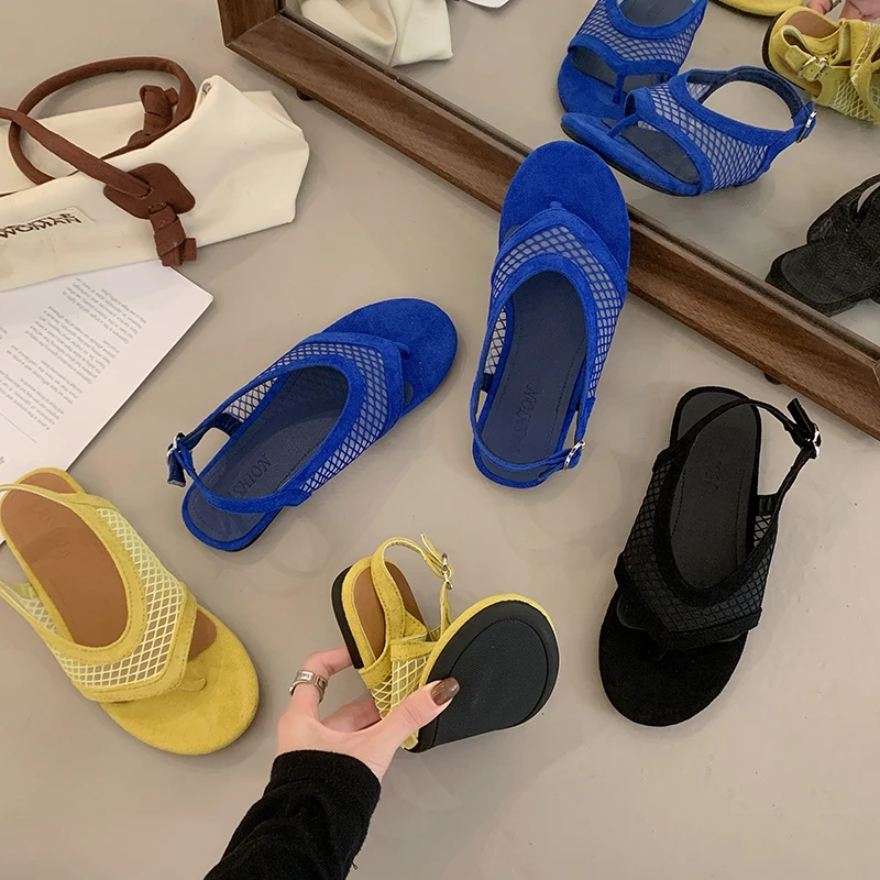 Niche Ballet-style Fishnet Breathable Flat Flip-flop Sandals for Women, Summer Toe-post Slippers