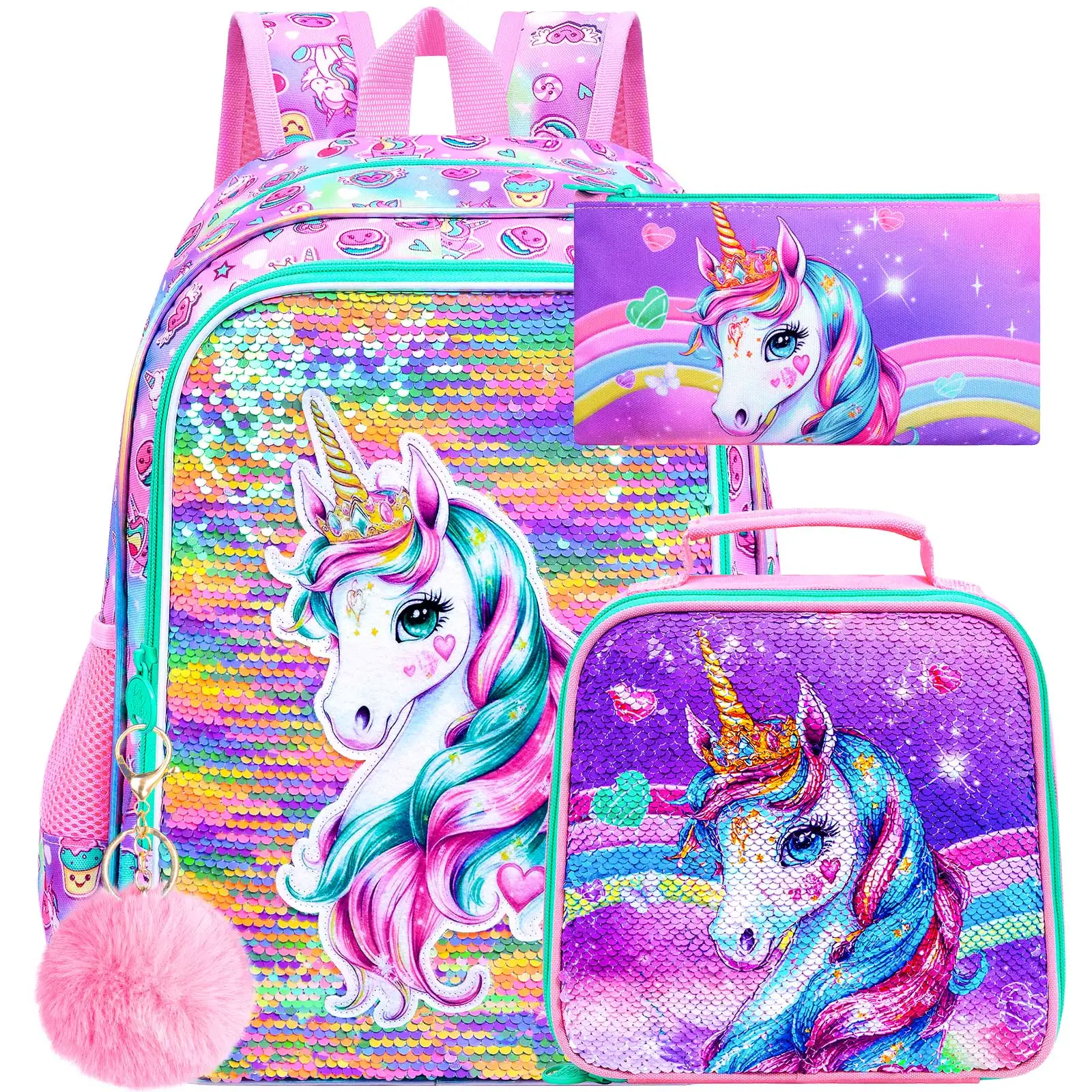 

3PCS Backpacks for Girls Reflective Bookbag for Elementary, Kids Water Resistant Backpack Set with Lunch Box