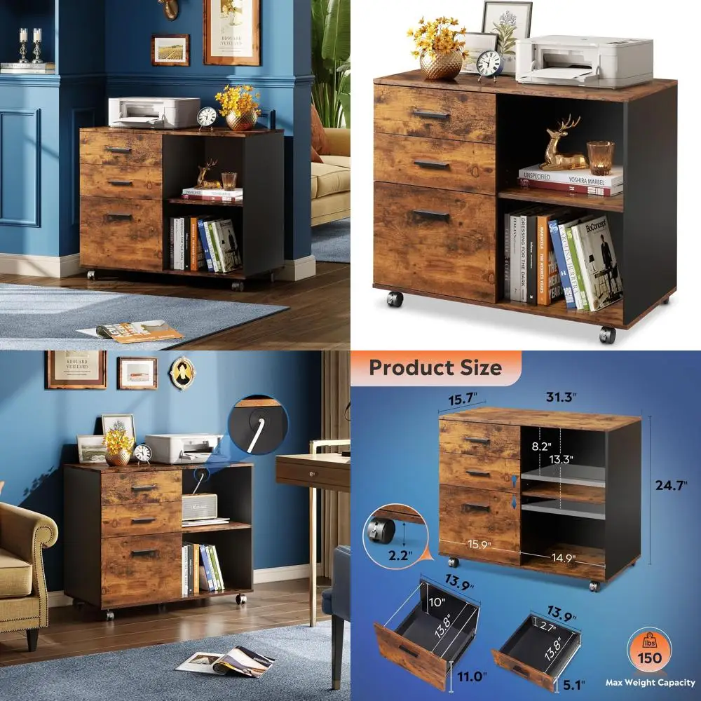 

Деревянный буфет-тумба в деревенском стиле коричневого цвета с открытыми полками для домашнего офиса