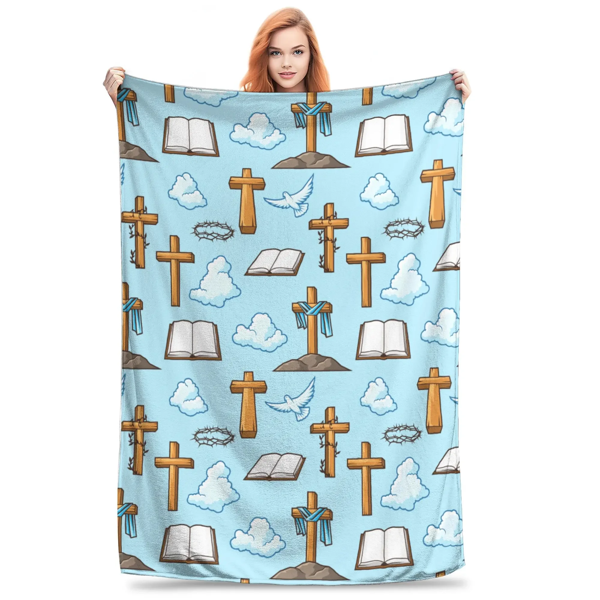 Happy Easter Religious Symbol Throw Blanket for Couch Christian Cross Christ Soft Cozy Plush Blanket Multi-size Bedspread