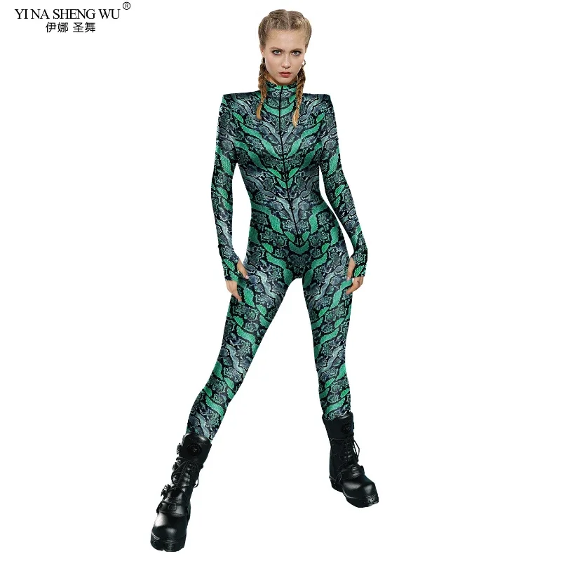 여성용 할로윈 코스튬 뱀 패턴 점프수트, 여성용 코스프레 의상, 지퍼 타이트 긴팔, 젠타이 바디수트