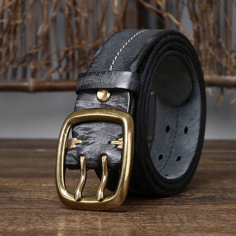 3.8CM Pure Cowhide High Quality Genuine Leather Belts for Men Casual Strap Male Double Needle Brass Buckle Young Man Retro Jeans