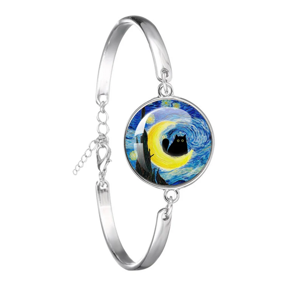 Van Gogh Cat Oil Painting 18MM Bracelet Starry Night Art Cats Glass Dome  Jewelry for Men for Women Gift