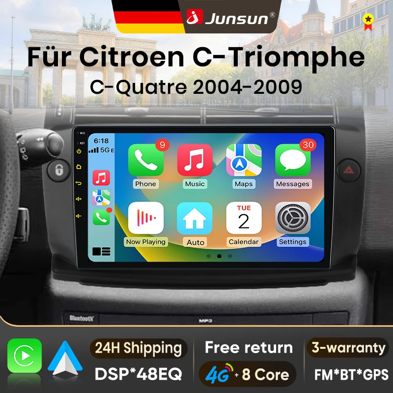 Autoradio Android 15 9 pouces Junsun pour Citroën C4 C-Triomphe Quatre 2004-2014, sans fil pour Apple CarPlay, écran IPS, lecteur multimédia vidéo, systèmes intelligents automobiles, autoradio 2 Din, navigation GPS, BT 4G WIFI FM AM DSP RDS DAB+