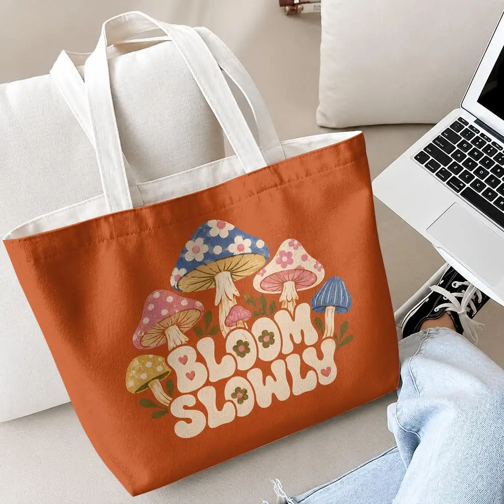 Retro Mushroom Vibe Storage Bags 2-Piece Women's Canvas Zipper Large Capacity Reusable Daily Commute Shopping&Gift 6