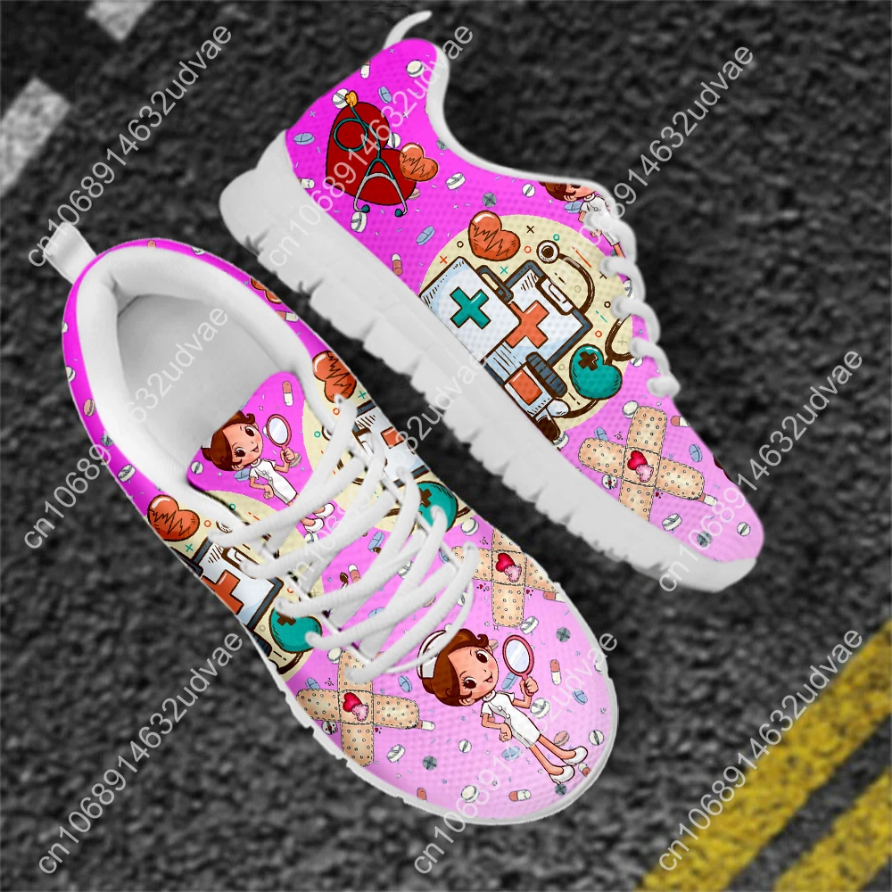 Comfortable Lace-up Flat Shoes Gradient Nurse Pattern Medical Print Wear-Resistant Sneakers For Women Nursing Shoes