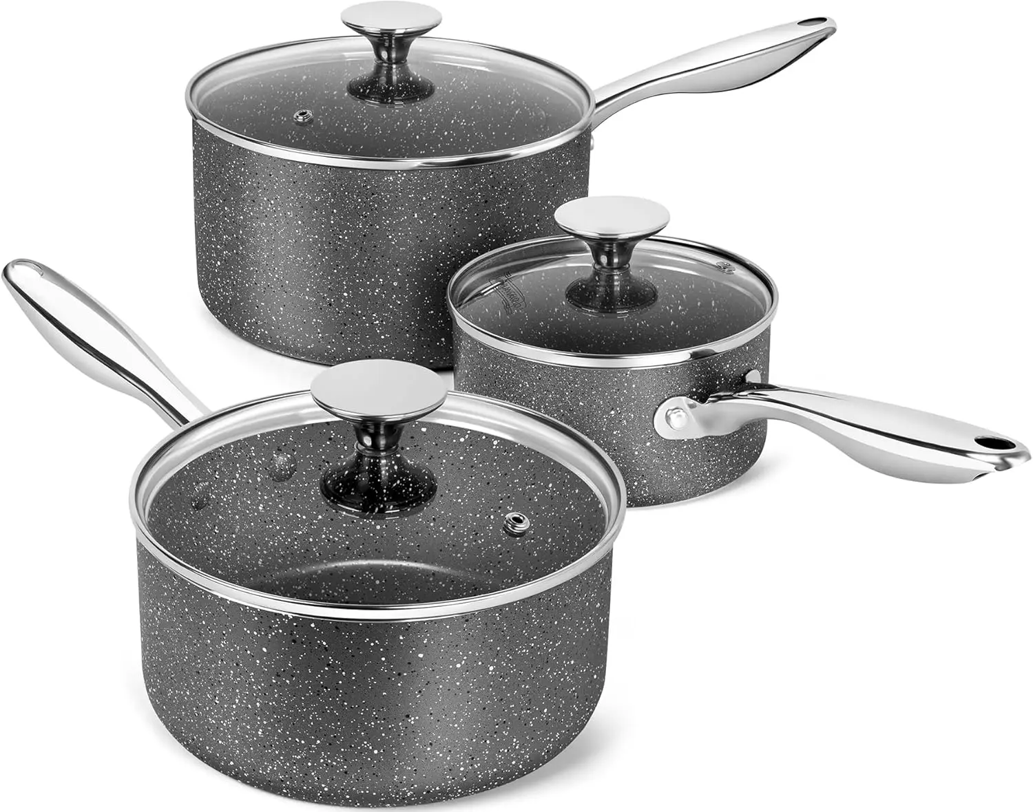 

Granite Saucepan Set of 3, Nonstick Pots with Lids, 1.5Qt/2Qt/3Qt for All Cooktops, Easy Clean & Safe