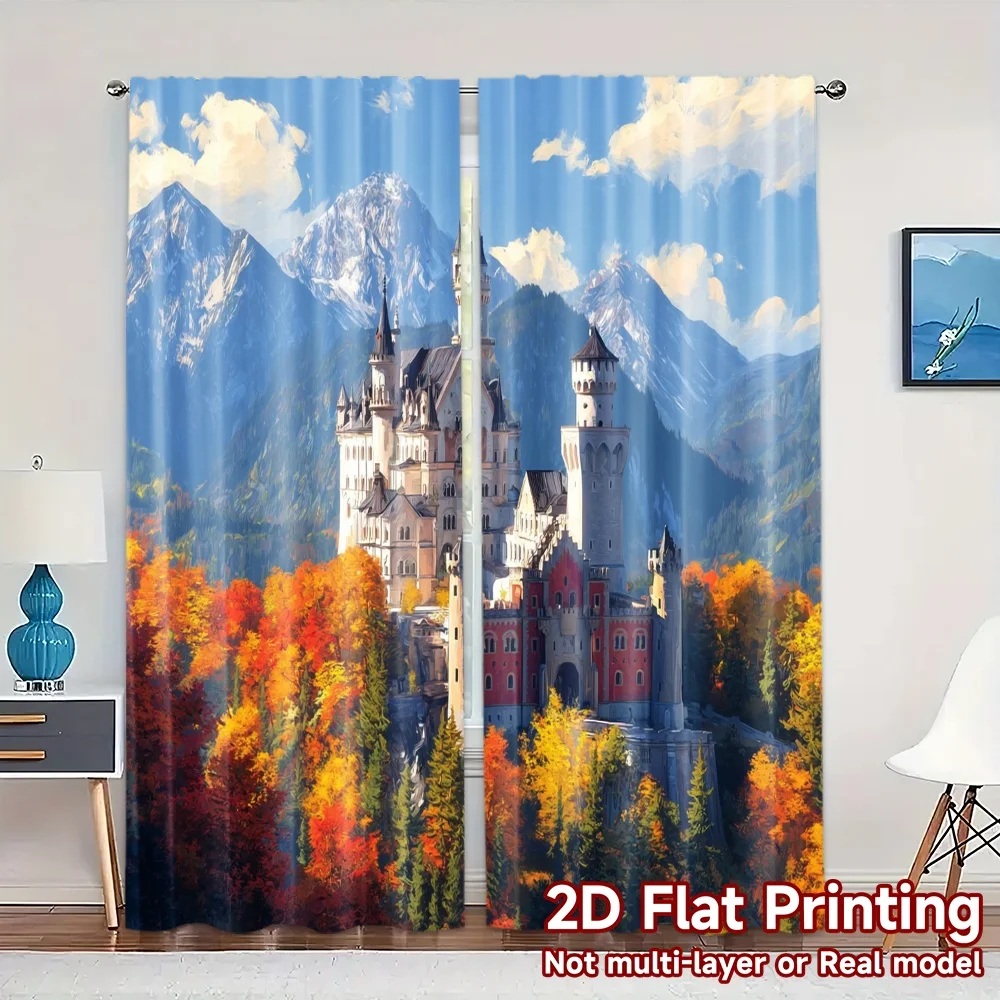 2pcs, 2D FLAT PRINTING Curtains (Without Rod) AutumnCastle Popular Light Filtering Curtains Machine Washable Fabric Curtains Art