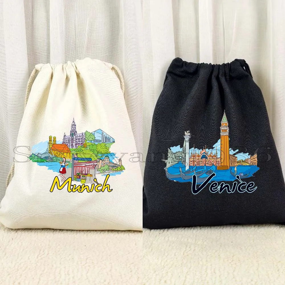 

Rome San Francisco Singapore Tokyo Munich New York Toronto Venice Vienna Warsaw Canvas Drawstring Bag Backpack Sports Sackpack