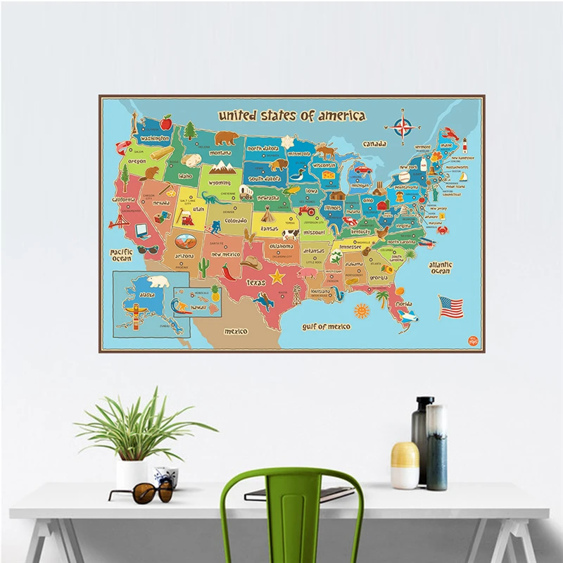 Animal & Plants Map Of American Wall Stickers Kindergarten Classroom Kids Room Home Decoration USA Map Wall Mural Art Pvc Decal