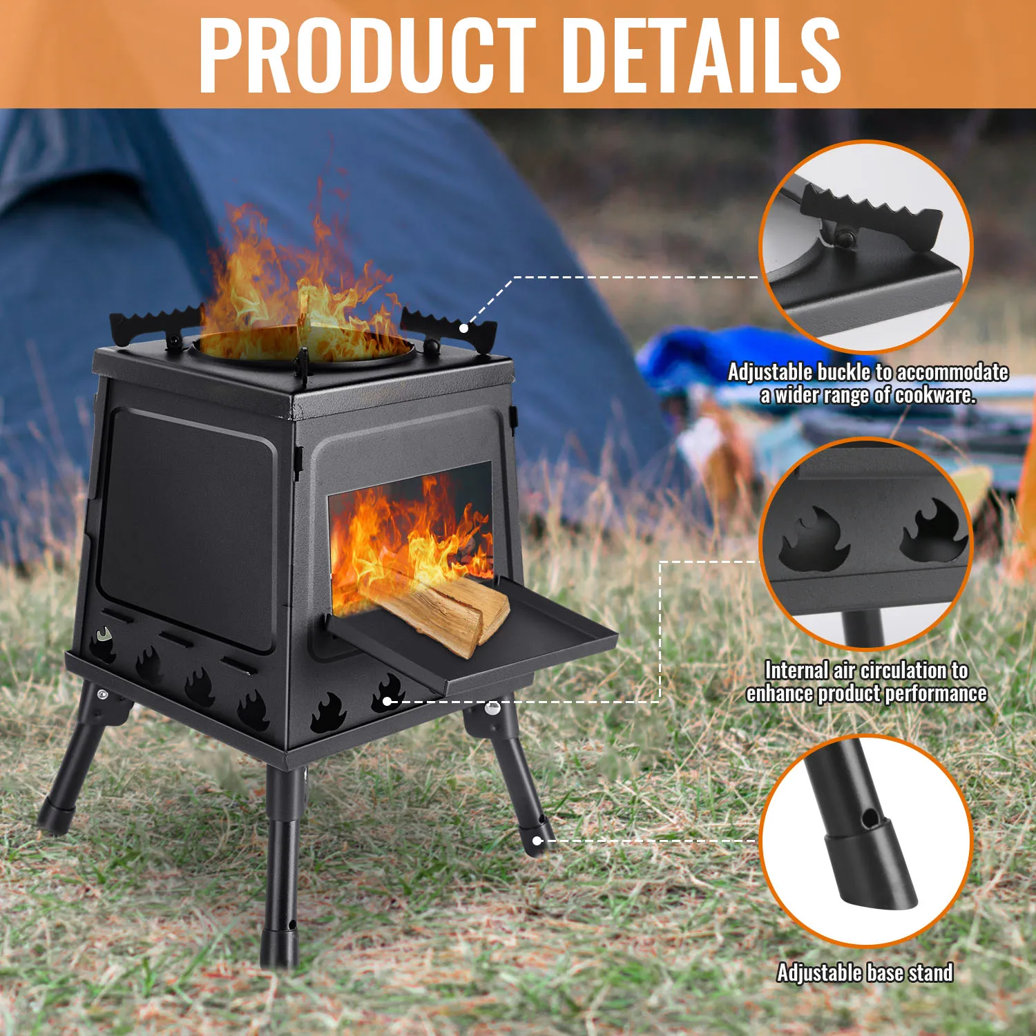 Camping-Holzofen mit Handschuhen, tragbarer Campingkocher, verstellbare Topfhalter, Camping-Holzofen, Outdoor-Grillbrenner