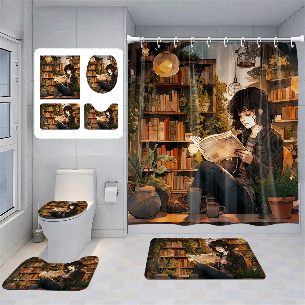 

Four-Piece Set Morandi Bathroom Decorative suit Abstract Art Shower Curtain Non-Slip Floor Mat Toilet Mat home decoration