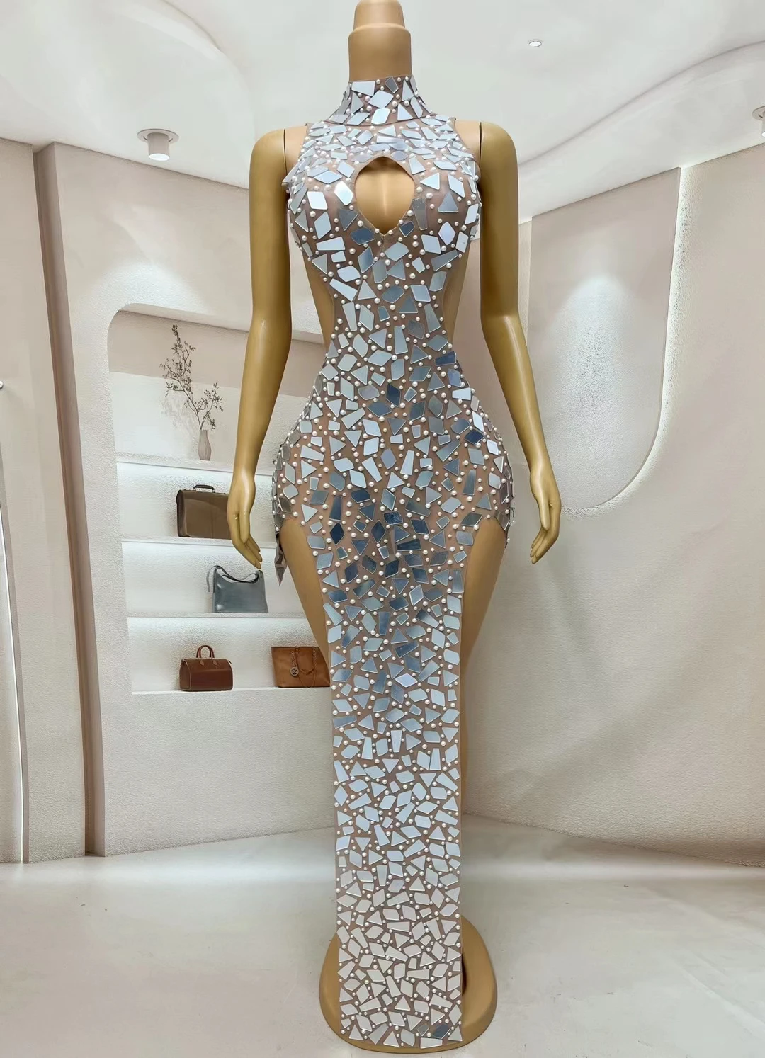 Vestido de noche sin mangas para mujer, traje de lujo con lentejuelas y diamantes de imitación, corte irregular, 2024