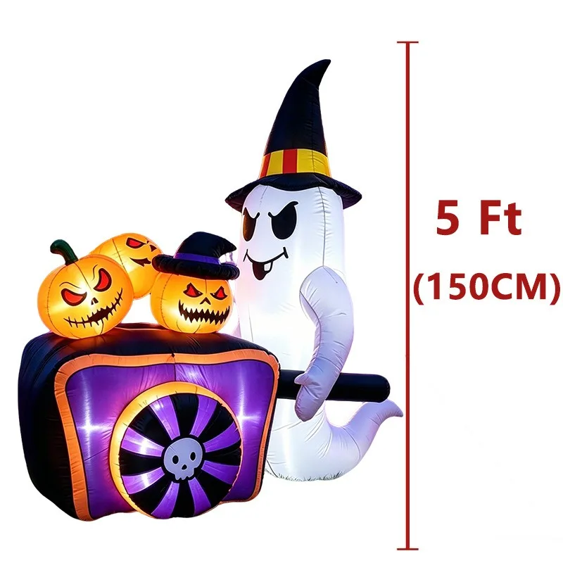 1.5M Halloween Inflatable Ghost Pushing Pumpkin Cart with LED Light  Outdoor Yard Holiday Party Decoration Ornament