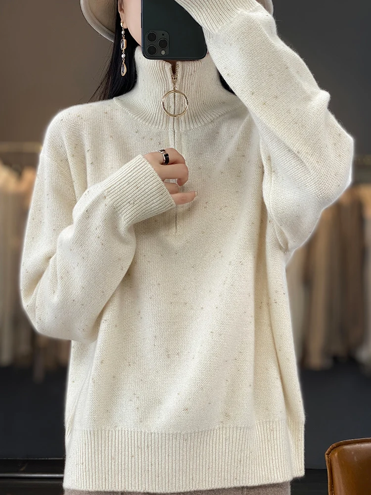Mulheres outono inverno grosso pulôver turn down collar com zíper design 100% lã merino camisola de malha confortável quente topos