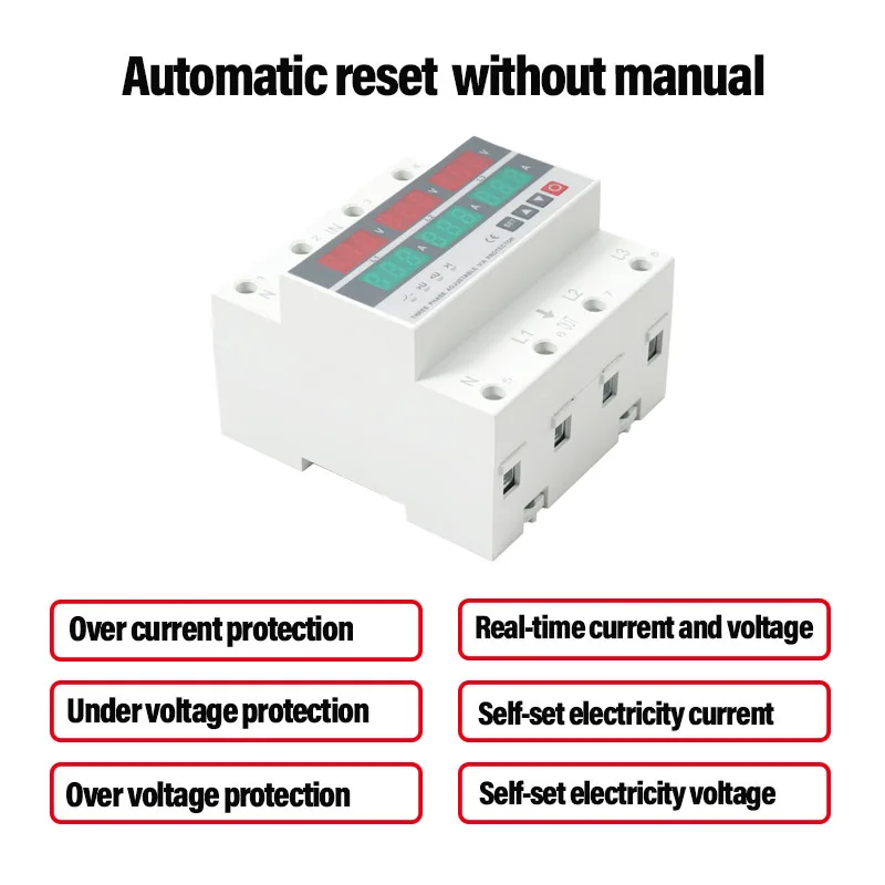 3P4W Over and Under Voltage Protector Voltmeter Ammeter Monitor Relays Adjustable 3 Phase 3P+N Din Rail Current Limit Protection