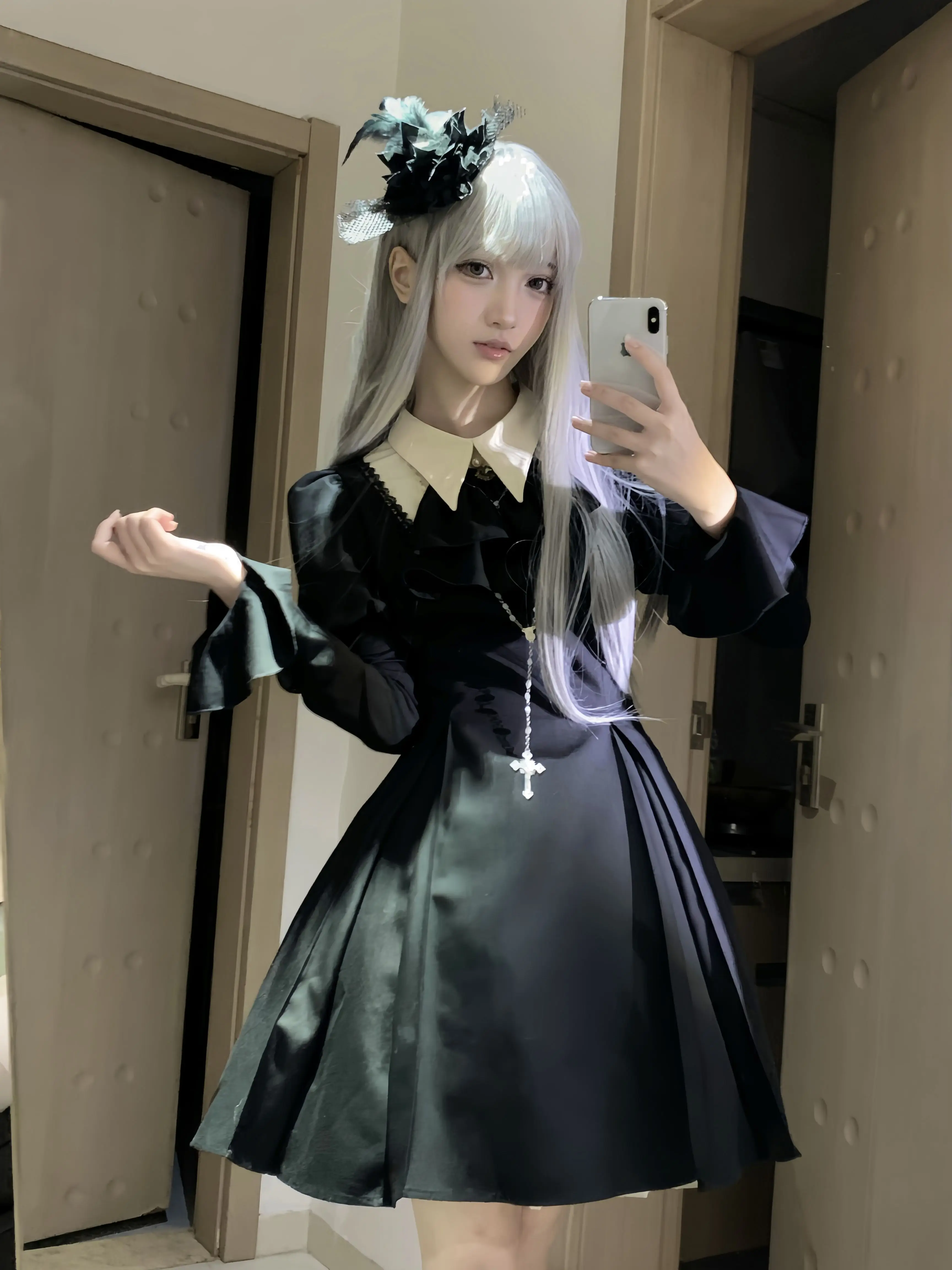 Gothic Lolita OP Dress Nun Style Long Sleeve Contrast Collar Fishbone Waist A‑Line Short Dress for Women