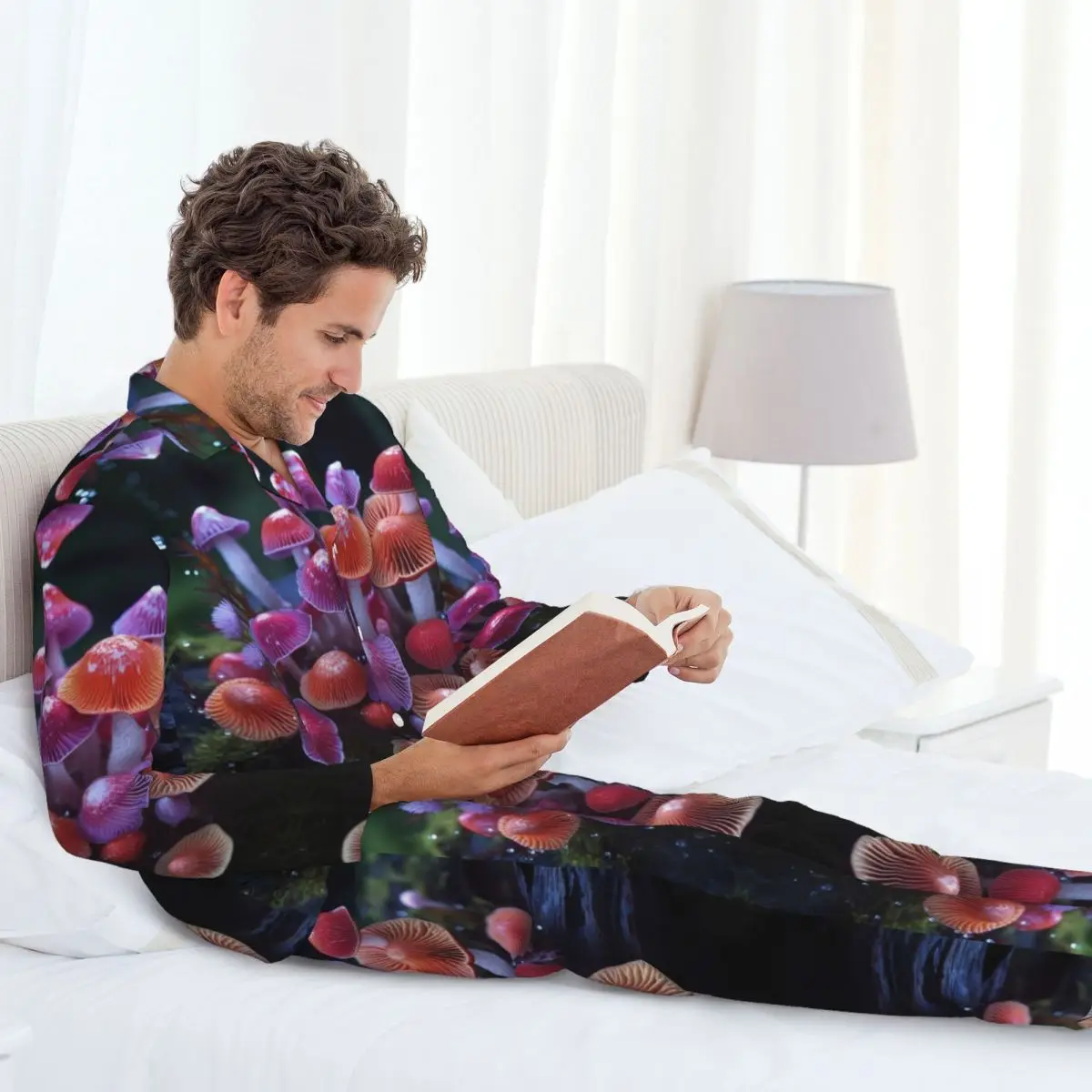 Cogumelos crescendo calças de manga comprida pijamas para homens outono e inverno conjuntos de pijamas homewear