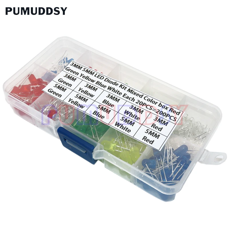200 шт., 3 мм, 5 мм, комплект светодиодов, смешанный цвет, красный, зеленый, желтый, синий, белый светодиод, ассортимент в коробке PUMUDDSY
