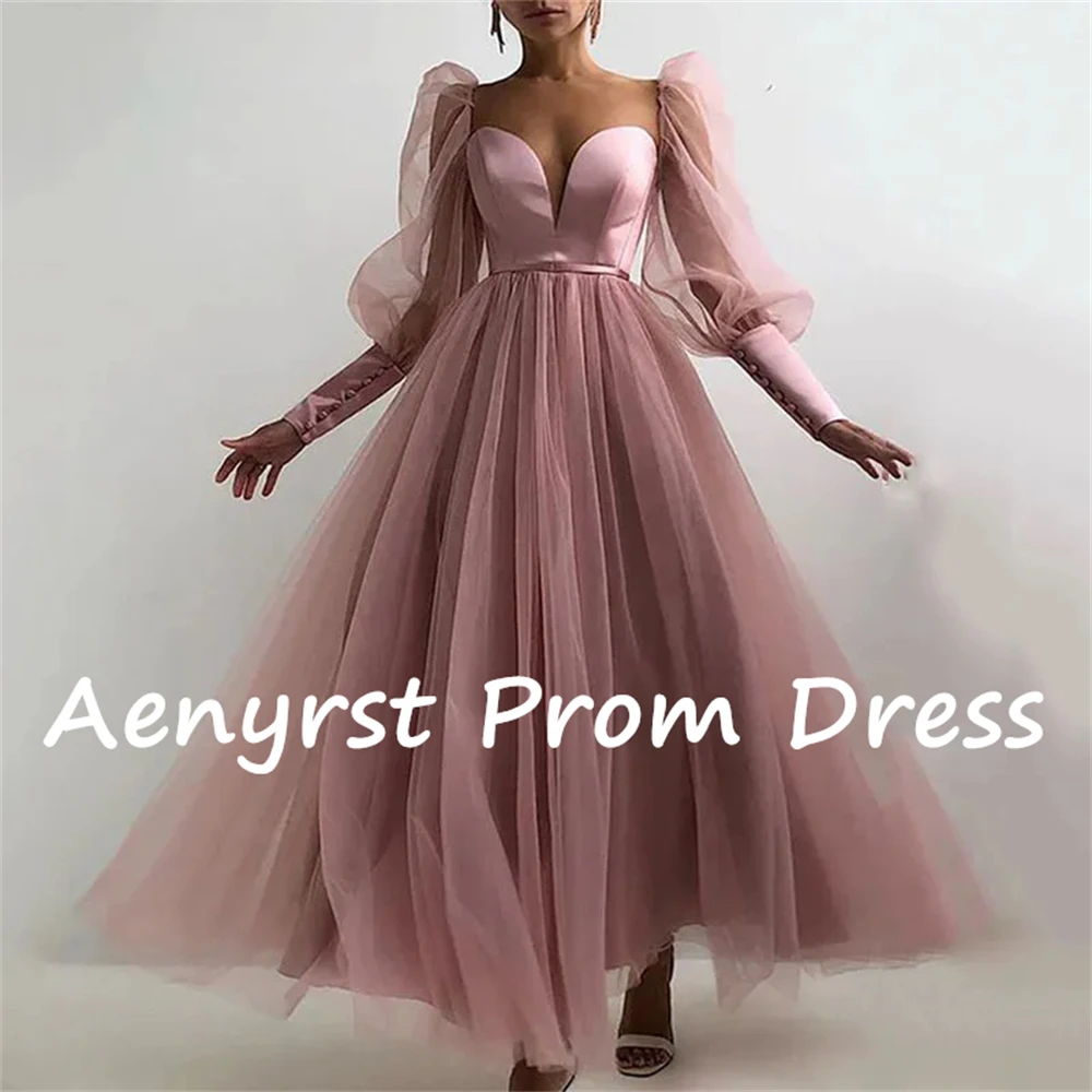 Aenyrst Sweetheart Long Puff Sleeves Prom Dresses Tulle A Line Evening Gowns Ankle Length Dinner Party Dress Long فساتين السهرة