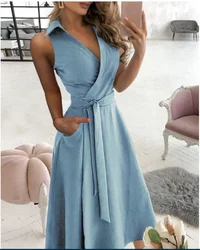 Women Pocket Midi Dress Casual Female Sping Summer Turn Down Collar Short Sleeve Tunic Wrap Dresses