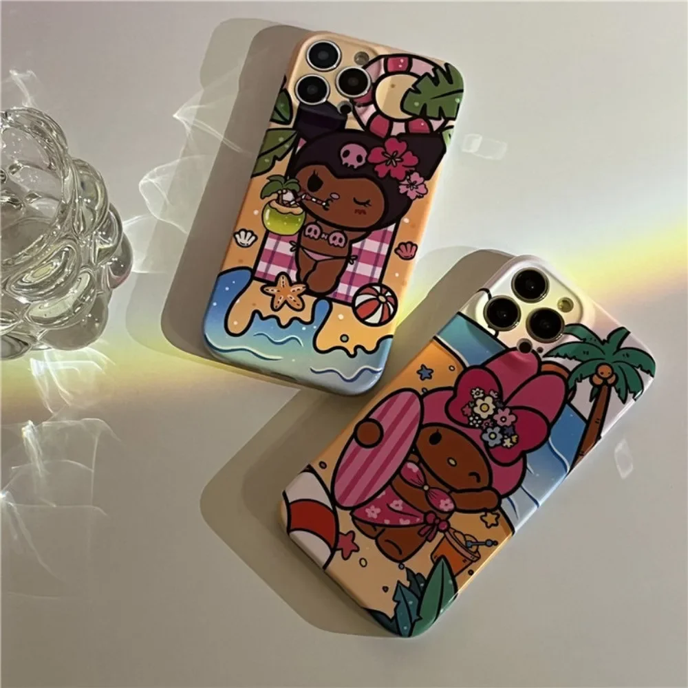 Kawaii Tan Kuromi Phone Case for IPhone 8 X 11 12 13 14 15 Pro Max Sanrio Surfing My Melody Beach Bikini Anime Protective Cover