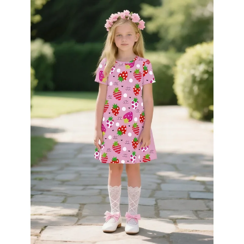 

New 2025 Sweet Style Strawberry Print Dress, Girls' Princess Dress, Children's Fashion Dress