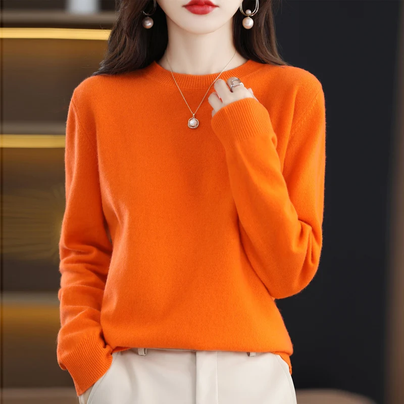 100% pura lã de cashmere camisola das mulheres O-pescoço pullover casual malha top outono e inverno das mulheres casaco coreano moda