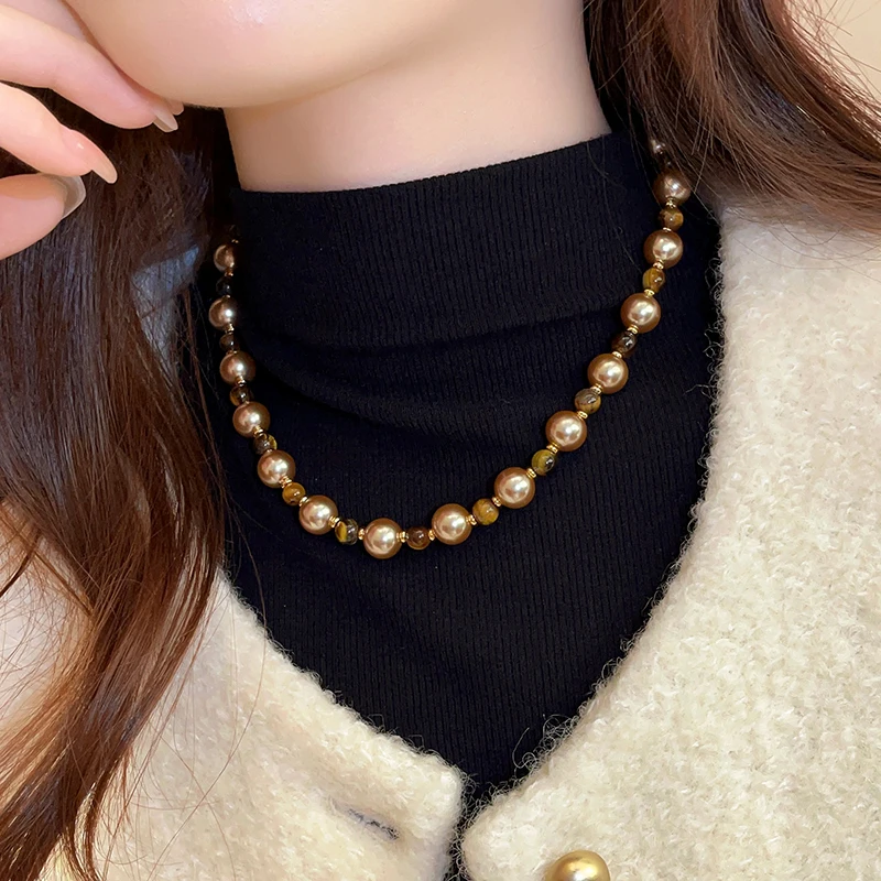 Maillard Natural Tiger\'s-eye Champagne Pearl Bead Necklace For 2024 Fashion Jewelry Women\'s Sexy Sweater Chain Neck Accessories