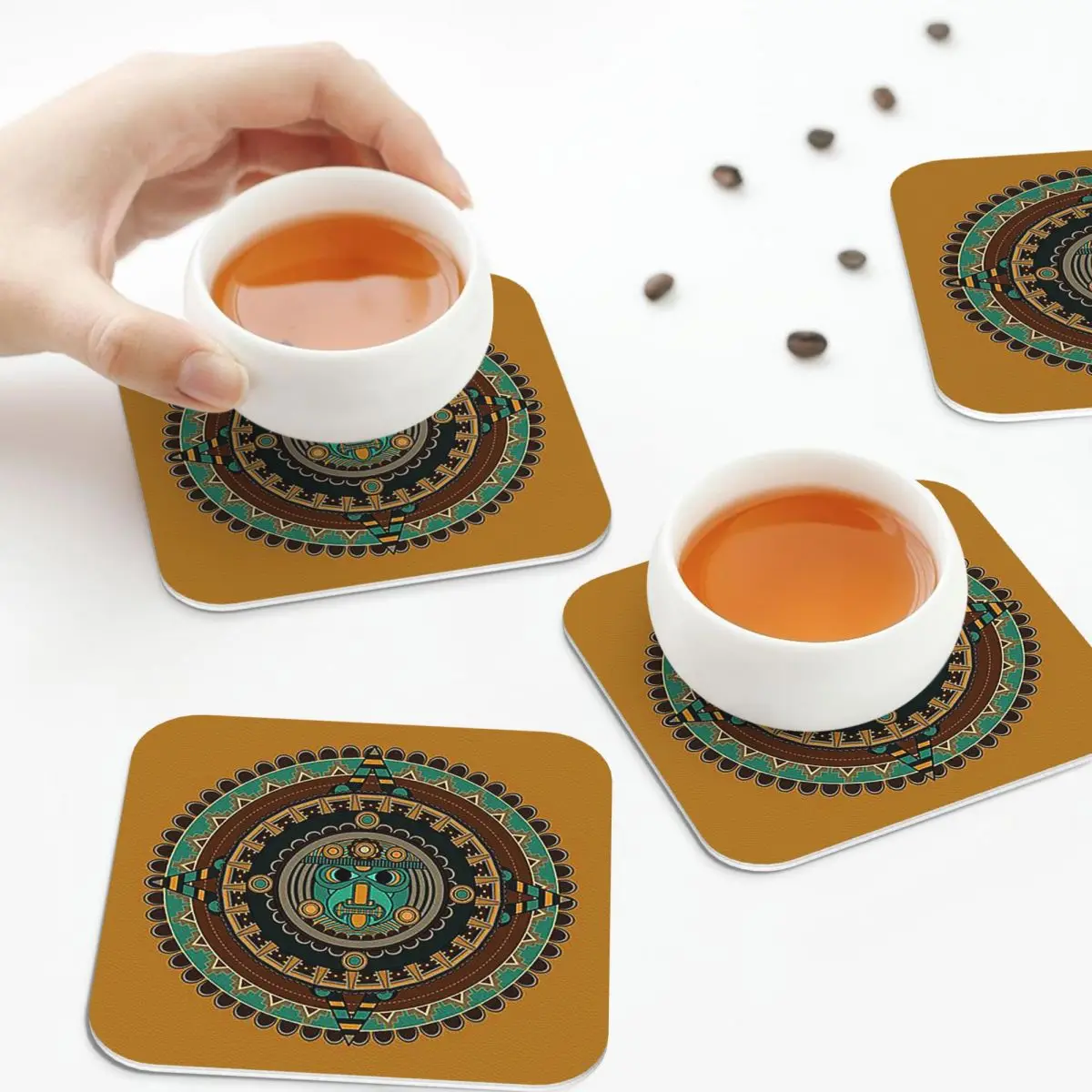 Aztec Calendar Coasters PVC Leather Placemats Waterproof Coffee Mats for Decor Home Kitchen Dining Pads Set of 6