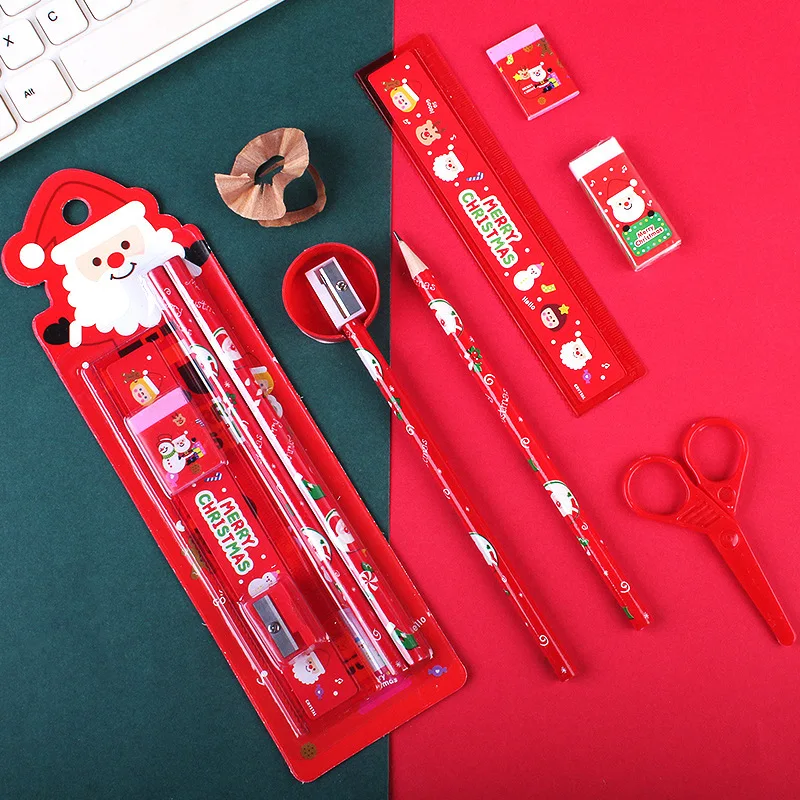 Pencil Ruler Eraser Sharpener Set In Cartoon Gift Package Children'S Christmas Gifts Prizes 5pcs/Set Stationery Set