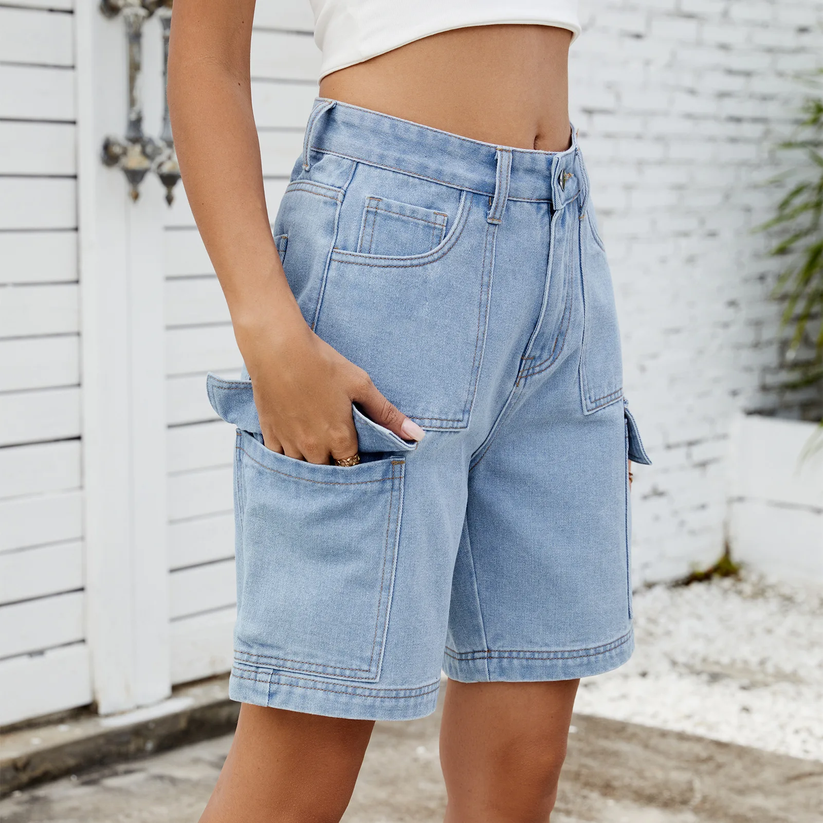 

Street Style Women's Jeans Shorts High Waist Cotton Denim Non-Stretch High Waist Five-Point Pockets Workwear Fashion Trend