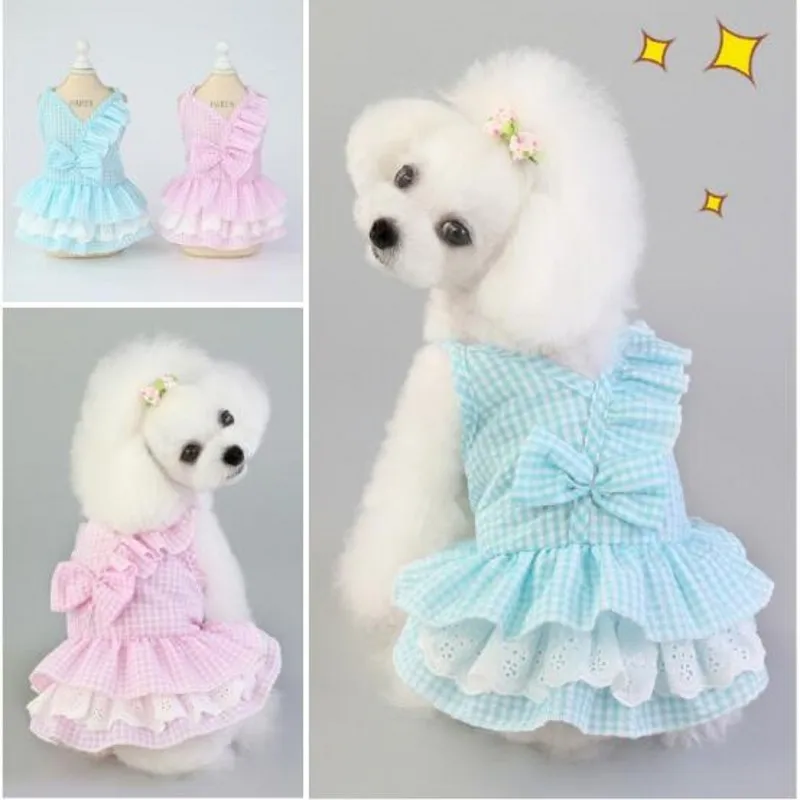 Pink Blue Pet Bulldog Dress Spring Summer Party Skirt Teddy French Cat Dress