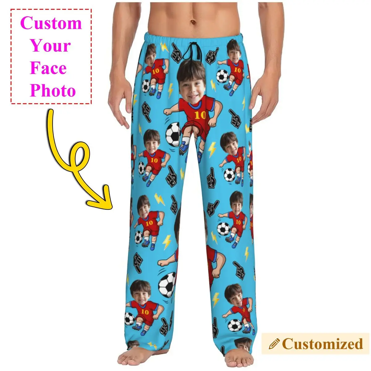 Football Custom Pajama Pants Sleepwear Men Elastic Waistband Personalized Face Photo Desgin Sleep Lounge Bottoms with Pockets