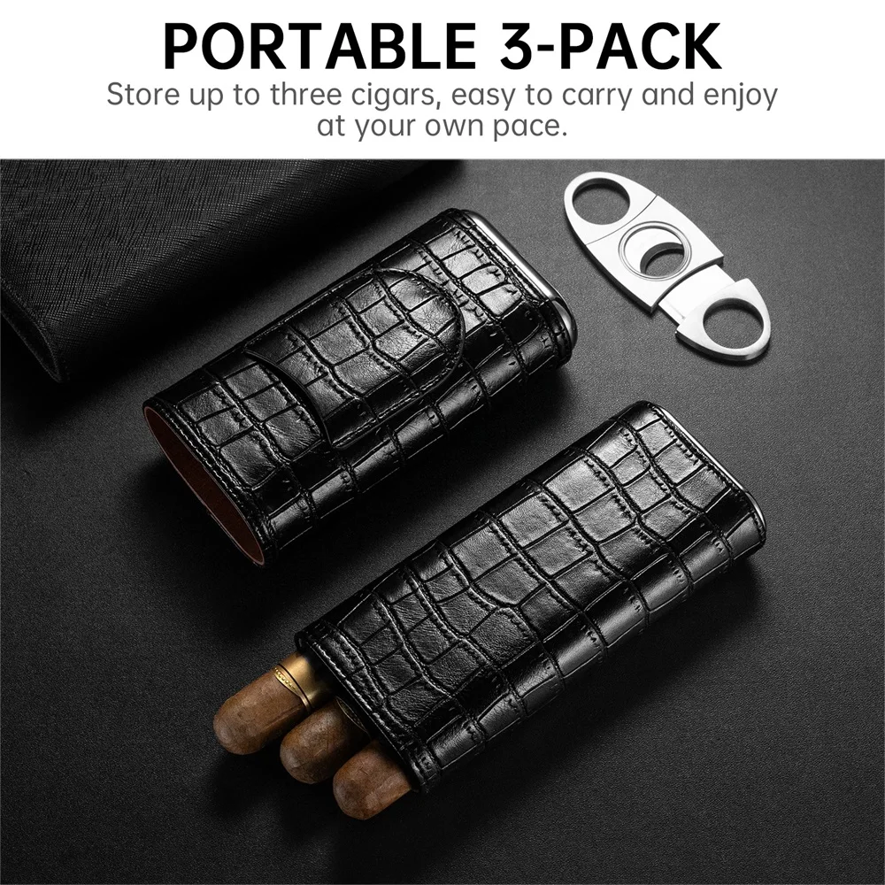 3-pack Cigar Case Portable Leather Holder Box Storage with Stainless Steel Sharp Cigar Cutter Luxury Smoking Accessories CH-24FA