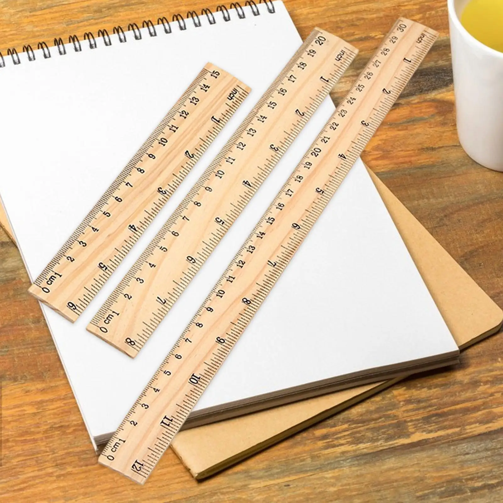 3x Wooden Rulers Measuring Rulers Versatile Comfortable Grip Accurate 2 Scale Measuring Tool for Engineers Office