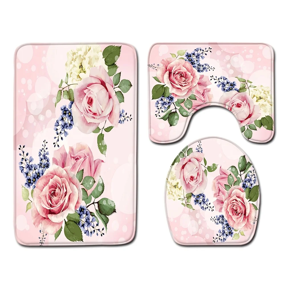 

3 шт., набор напольных ковриков с розовой розой, чехол для унитаза, ковер для ванной комнаты, набор из трех предметов, нескользящий коврик, украшение для унитаза, декор для унитаза